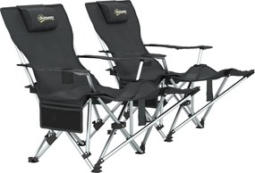 Outsunny Zestaw 2 składanych krzeseł kampingowych z odpinanym podnóżkiem, podgłówkiem i uchwytem na napoje, nośność 120 kg, Czarne