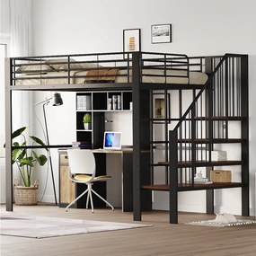 Łóżko piętrowe 140 x 200 cm z dużymi schodami – metal + sklejka + płyta MDF – stelaż z listew – czarne