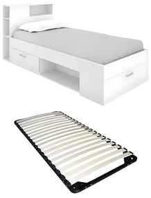 Łóżko z zagłówkiem, ze skrzynią i szufladą - 90 x 190 cm - białe + stelaż - LEANDRE