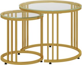 HOMCOM Zestaw 2 Stolików, Stoliki Pomocnicze, Stal Węglowa, Blat Ze Szkła Hartowanego, Ø60x47/Ø40x42 cm, Złoty