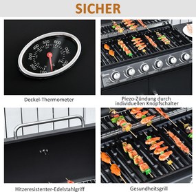 Outsunny Grill gazowy grill na kółkach z 7 palnikami szafka wielofunkcyjny metal czarny
