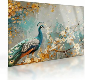 Obraz na szkle - Paw ze złotą dekoracją (70x50 cm)