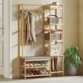 HOMCOM Wieszak na ubrania z półką na buty, haki na ubrania, stojak na płaszcze, ławka z poduszką, do przedpokoju, strefy wejściowej, drewno naturalne