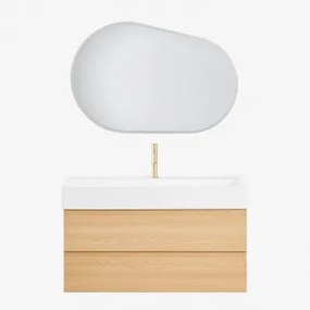 Zestaw Wiszących Mebli Łazienkowych Z Drewna I Forniru Jesionowego Zintegrowany Z Umywalką Ona Naturalna & Owalna Lampa Led - Sklum