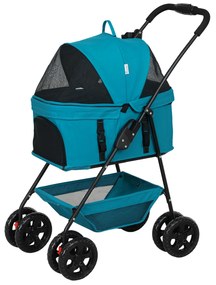 PawHut 3 w 1 Składany Wózek dla Zwierząt Domowych, Wózek dla Psów i Kotów z 4 Kołami i Odnoszoną Torbą, Turkusowy