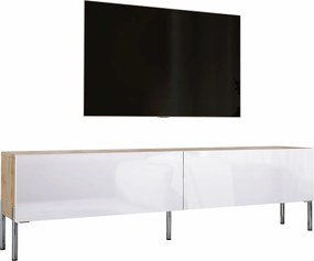 Szafka RTV: Dąb Wotan / Biały Połysk, Nogi Chrom, 170 x 52 x 32 cm