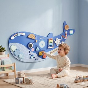 AIYAPLAY Montessori deska motoryczna 13-w-1 drewniana tablica aktywności w kształcie wieloryba montowana na ścianie z ksylofonem i zegarem oraz zębatkami | Aosom PL