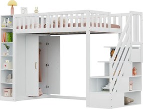 Łóżko na antresoli 90x200 cm - z półkami - z przegródkami i szafkami - z drabinką - biały (materac nie jest wliczony w cenę)