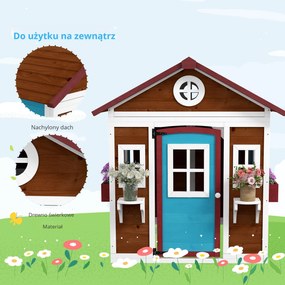 Outsunny Domek zabaw dla dzieci, Drewniany domek ogrodowy z oknami, doniczkami, na zewnątrz, 3-8 lat, Niebieski