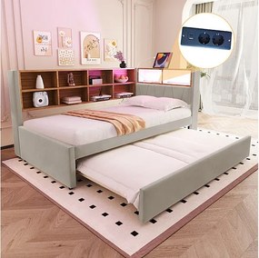 Kanapa rozkładana 90x200 - z łóżkiem wysuwanym 90x190 cm - z gniazdem USB - liczne schowki - tapicerowane łóżko - Jasnoszary (materac nie wliczony)