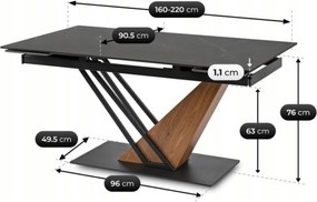 Stół Rozkładany Prostokątny REX 160-220 cm Ceramiczny Czarny Marmur/Orzech do Jadalni Nowoczesny Loft