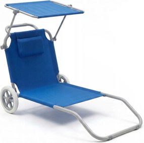 Leżak plażowy Solmare z daszkiem i kołami - składany leżak ogrodowy, niebieski