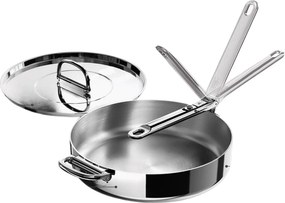 Patelnia do sautée Joseph Joseph Space Steel 28 cm, ze stali nierdzewnej, ze składanym uchwytem i pokrywką, odpowiednia do indukcji i piekarnika.
