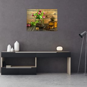 Obraz - tulipany, młynek i kawa (70x50 cm)