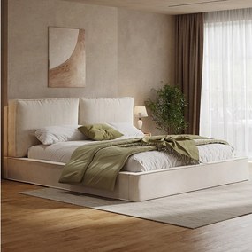 Łóżko tapicerowane dwuosobowe - 160 x 200 cm - z podstawą z listew + zagłówek - szenil - beż