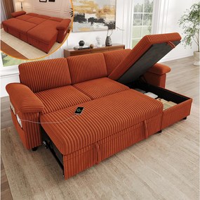3-osobowa narożna sofa rozkładana, odwracalny szezlong, pufa ze schowkiem, porty USB/typu C – sztruks – pomarańczowy