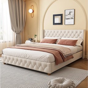 Łóżko tapicerowane 180 x 200 cm z wezgłowiem, łóżko dla dorosłych w lnie, zdobione guzikami i nitami, beżowe