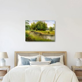 Obraz na szkle - Rzeka przy lesie, obraz olejny (70x50 cm)