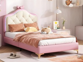 Łóżko dziecięce tapicerowane z kolorowym LED i kokardą na głowie - ze skaju - 90x200cm - z stelażem na listwach - Różowe