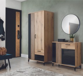 Komoda z Szufladą i Lamelami do Przedpokoju DYNAMO 88,5 cm Dąb evoke / czarny połysk Loft