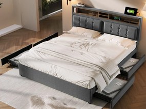 Łóżko małżeńskie 140 x 200 cm z 4 szufladami i gniazdem USB C - regulowany zagłówek - szare