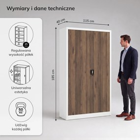 Szafa biurowa metalowa na akta biała / orzech: Eco Design JAN II, 1150 x 1850 x 400 mm