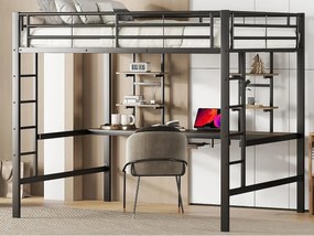 Łóżko mezzanine 140x200cm - z biurkiem i półkami - metalowa rama - Czarny