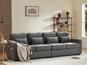 Sofa stały 4-osobowy z tkaniny lnianej - z kieszeniami po bokach - Szary