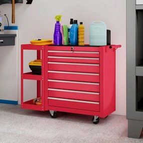 HOMCOM Wózek warsztatowy z 7 szufladami, zdejmowana półka boczna, 4 kółka z hamulcem, 96x33,5x75cm, czerwony | Aosom PL