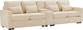 Sofa 4-osobowa - Sofa z 2 uchwytami na kubki i 2 ładowarkami USB - kieszeniami w podłokietnikach i 4 poduszkami - beżowy len