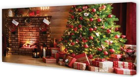 Fotoobraz na płótnie Kominek, Choinka, Prezenty i Lampki