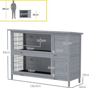 PawHut Klatka dla królików z drewna z 2 poziomami, dach z papy, tacki na dno, drzwi dla małych zwierząt, 136,4 x 50 x 93 cm, szara | Aosom PL