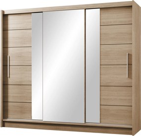 Szafa Przesuwna KAYLE 250 cm z Lustrem Szafa Trzydrzwiowa z Szufladami Dąb sonoma