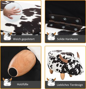 Taboret zwierzątko ozdobna pufa ze schowkiem Stołek w kształcie krowy Czarno-biały z naturalnymi akcentami | Aosom PL