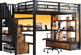 Łóżko na antresoli metalowe 140x200cm z LED - z biurkiem i półkami - 2 szuflady i drabina z pojemnikami - Czarny​ (bez materaca)