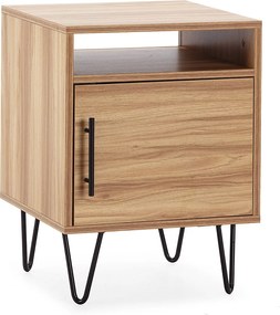 Stolik nocny Alma z 1 drzwiczką w kolorze drewna, metalowe nogi.