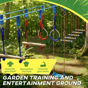 AIYAPLAY Ninja Line dla dzieci, zestaw 24 m Slackline z pierścieniami gimnastycznymi, 7 przeszkodami, mostem do balansowania, dla dzieci w wieku 3-6 lat, czerwony+niebieski | Aosom PL