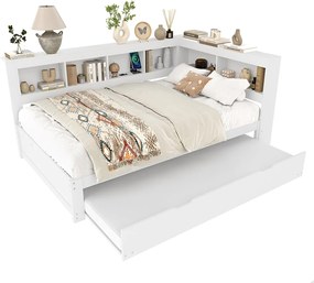 Sofa rozkładana 140x200 cm - z łóżkiem wysuwanym - z gniazdkiem + 2 USB - z listwowym stelażem - biały (materac nie jest w zestawie)