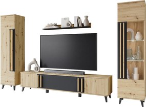 Meblościanka do salonu na nóżkach z LED– zestaw RTV 180 cm, witryna, regał, półka mat dąb artisan