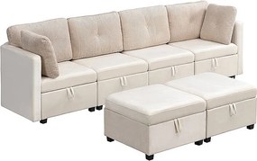 Kanapa 6-osobowa w kształcie litery U - z miejscem do przechowywania - wielofunkcyjna przekształcalna - welur + welur prążkowany - beżowy