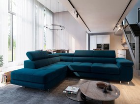 Masseno Narożnik SELVA z Funkcją Spania i Pojemnikiem na Pościel Narożnik L, Rozkładana sofa - Niebieski, MONOLITH 77