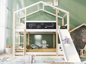 Łóżko piętrowe domek 90x200cm - z drabinką i zjeżdżalnią - rama sosnowa - Białe