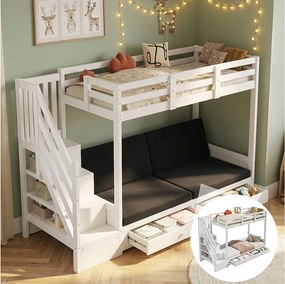Łóżko piętrowe 90 x 200 cm z rozkładaną sofą i 2 szufladami - lite drewno i płyta MDF - drabinka ze schowkiem - białe (materac nie jest wliczony w cenę)