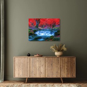 Obraz na szkle wodospadu w czerwonym lesie (70x50 cm)