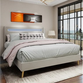 Łóżko dla dorosłych 140x200 cm z oświetleniem LED i tapicerowanym zagłówkiem - beżowy aksamit (bez materaca)