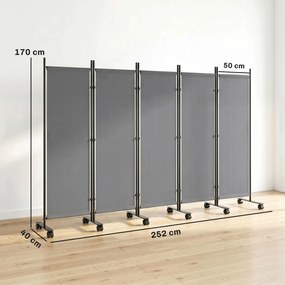 Outsunny Parawan 5-częściowy 252 x 40 cm Wolnostojący z 12 Kółkami Składany Przegroda DIY Ciemnoszary | Aosom PL