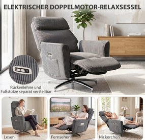 HOMCOM Fotel relaksacyjny elektrycznie regulowany, fotel TV z funkcją leżenia, 2 silniki, obrotowy, z USB | Aosom PL