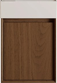 Wisząca szafka z umywalką do łazienki, umywalka z żywicy w kolorze białym mat – Ciemny naturalny – 40 x 25,5 x 57 cm – SOREL