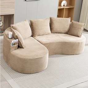 Sofa sztruksowa 3-osobowa - 250 x 152 x 82 cm - z uchwytem na kubek + kieszenią + poduszkami - khaki