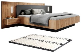 Łóżko z szafkami nocnymi 160 x 200 cm - 2 szuflady - Z diodami LED - Kolory: naturalny i antracyt + Stelaż - FRANCOLI